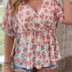 NWOT SHEIN VCAY Plus Floral Print Batwing Sleeve Peplum Blouse